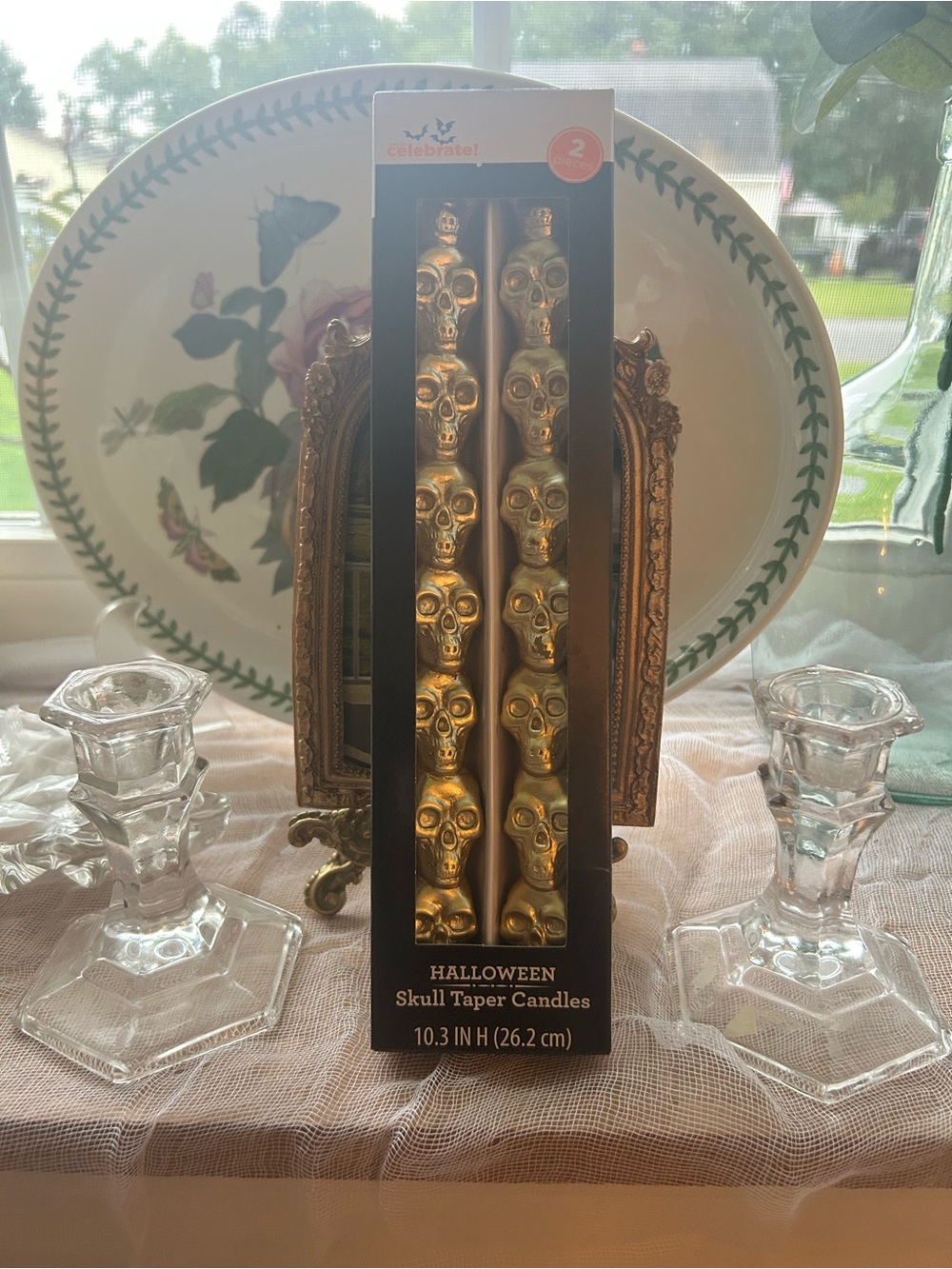 💀🎃Celebrate It Metallic Gold Skull Taper Candles with clear vintage glass holder